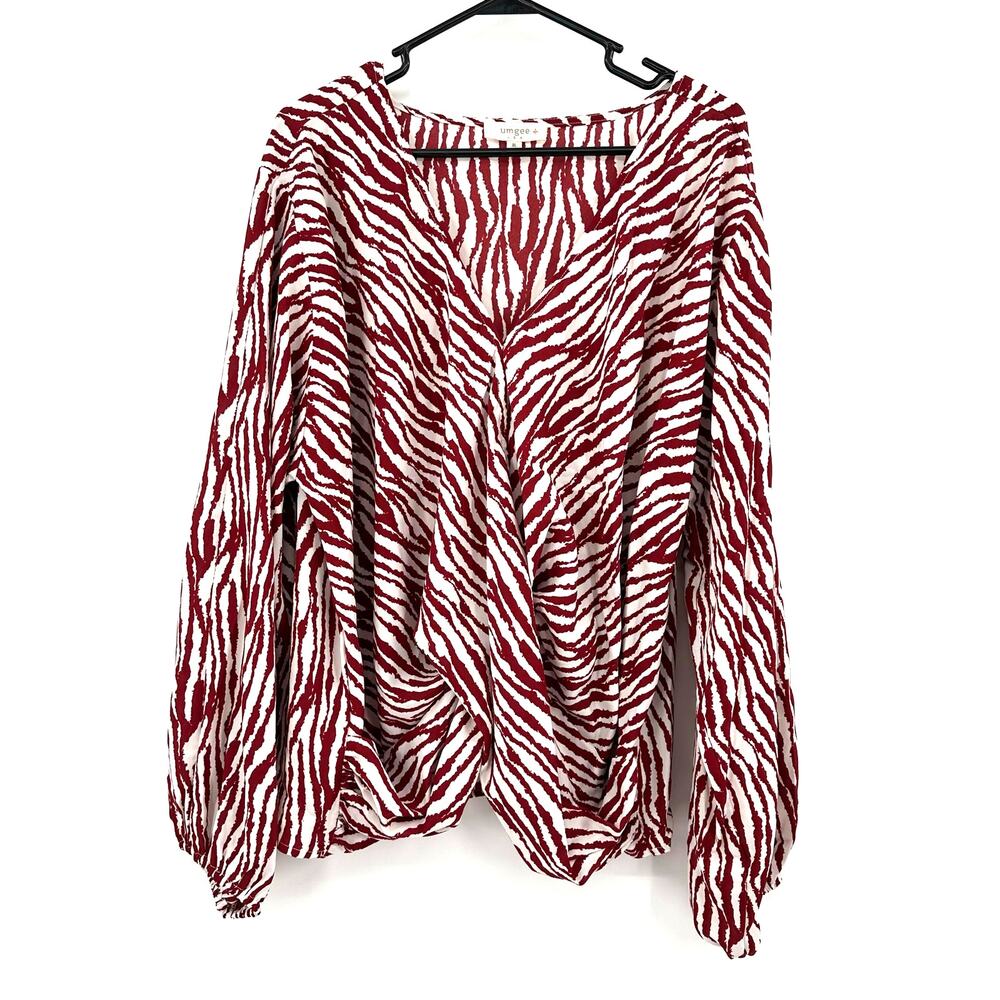 Umgee Size XL Faux‎ Wrap V Neck Blouse Red Zebra Striped Crossover Front Zebra